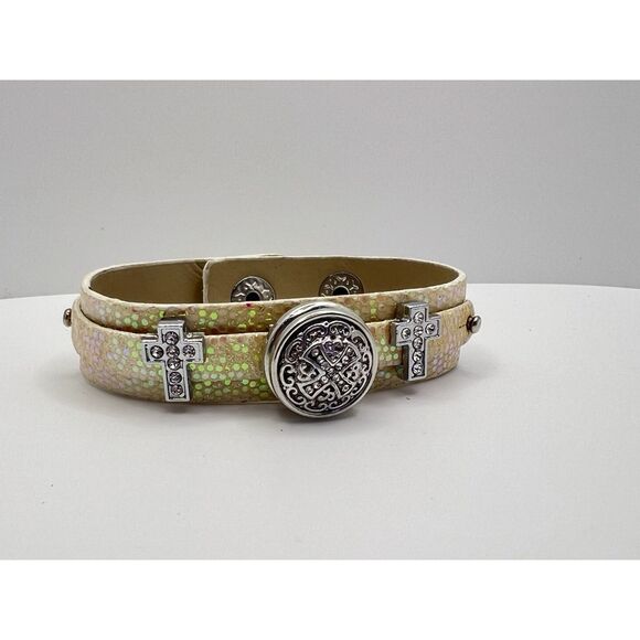 Faux Leather Slide Bracelet - Silver & Gold W/ 1 Snap & 2 Slide Cross Charms - Picture 1 of 2